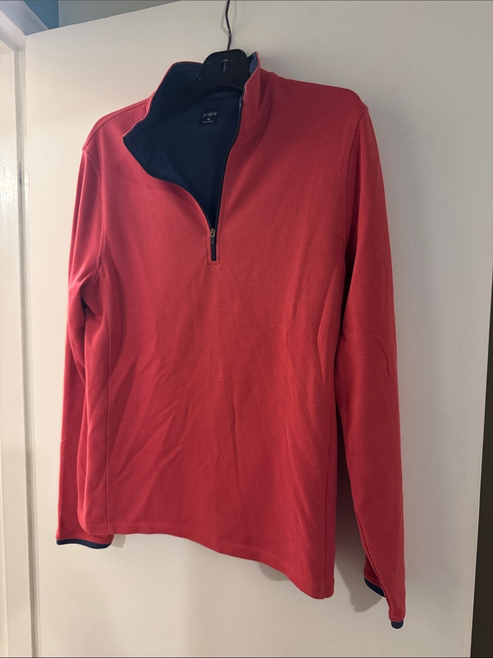 J. Crew Pinkish Red Classic Performance Quarter-Zip with Navy Interior M